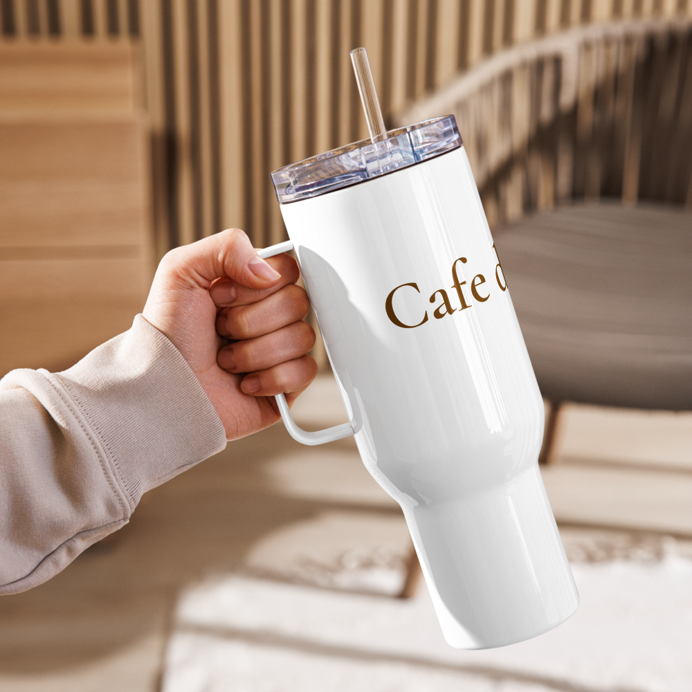 White Travel Mug with Handle and Café Dal Mare Brown Logo